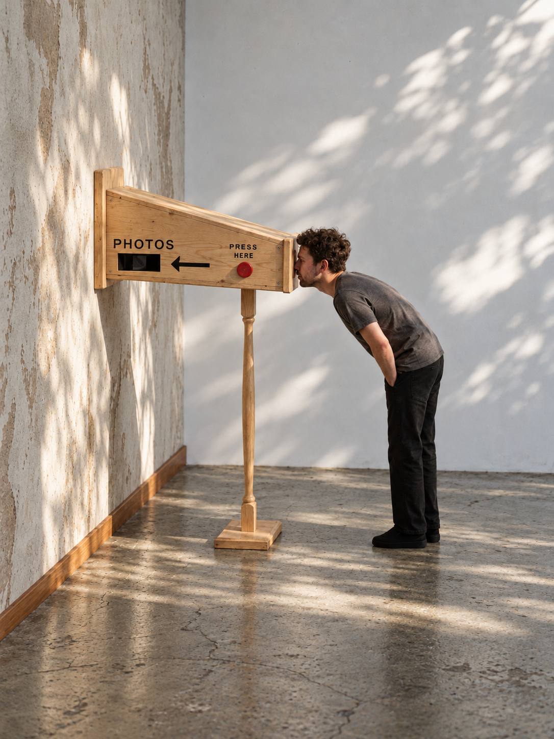A person bending to look into the Face-in, a timber selfie booth mounted on a post
