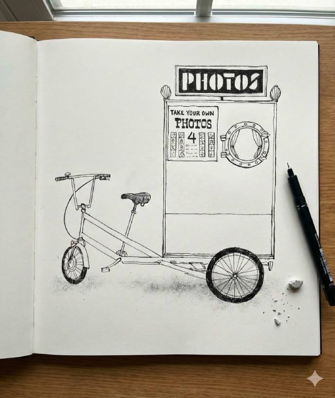 Sketchbook drawing of a photo booth built onto a cargo bike, with a PHOTOS sign on top